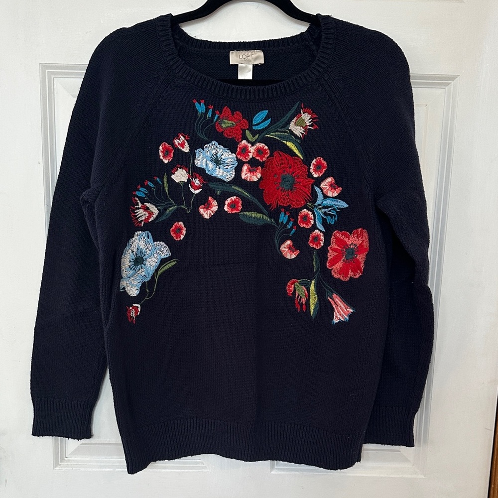LOFT Navy Sweater with Floral Embroidery
